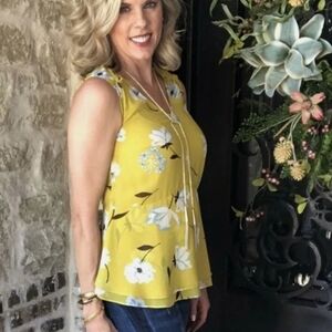 CAbi 2 Piece Floral Yellow Sleeveless Blouse